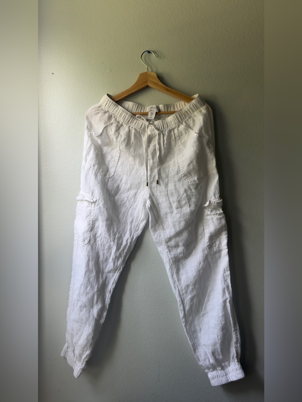 Nicole Miller New York 100% Linen White Cargo Jogger Pants, Size M